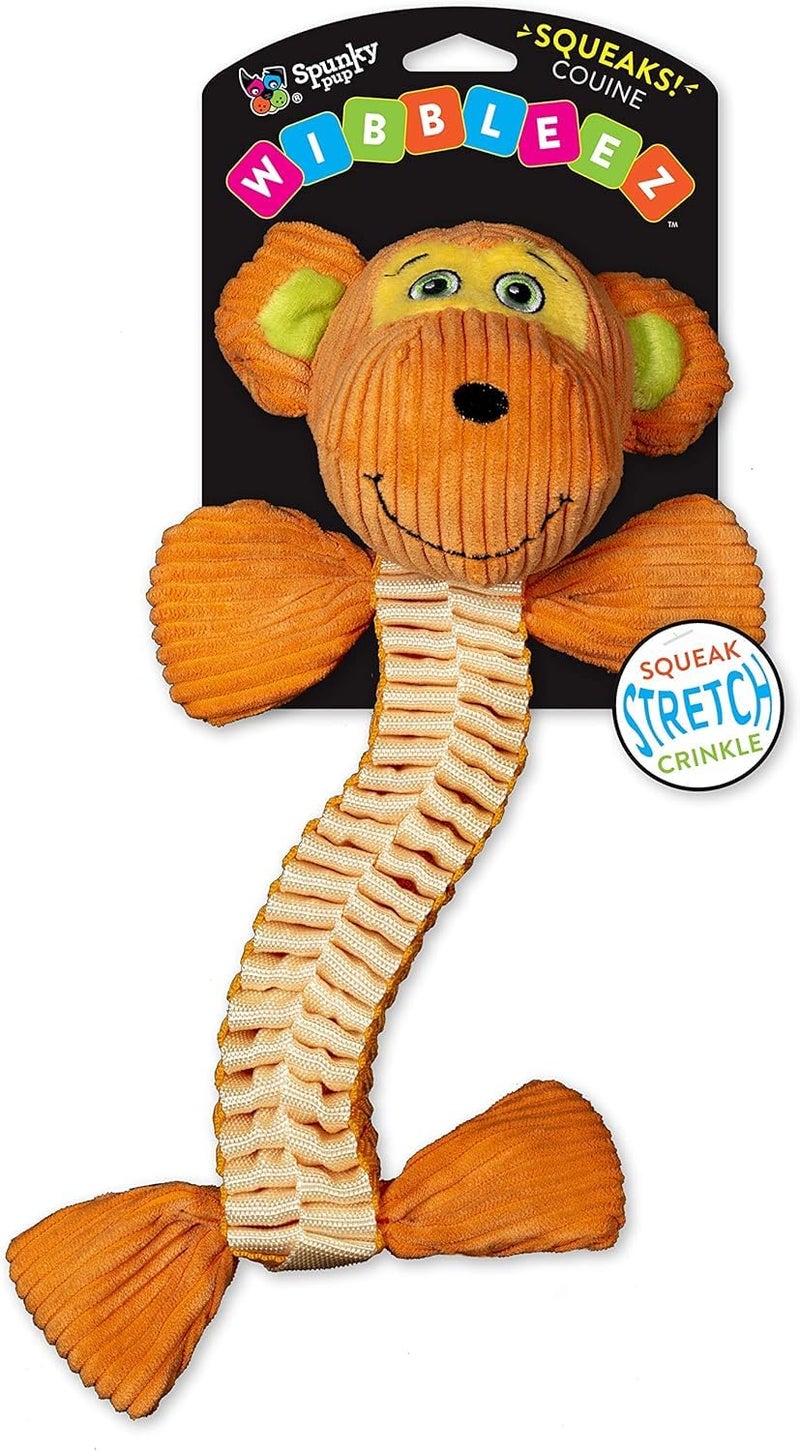 Spunky pup Wibbleez Dog Toy | Stretchy Nylon Webbing with Plush Squeaker Head and Crinkle Ends | Durable Tug Toy for All Breeds / Assorted Colors Green/Gator, Blue/Elephant, Orange/Monkey - Image 1